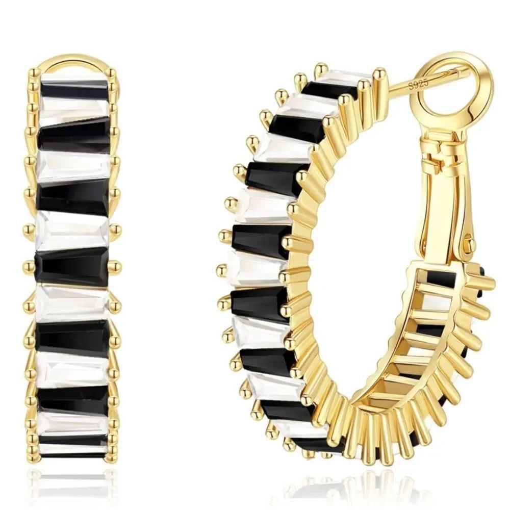 14K Yellow Gold with Onyx and Diamond Cubic Zirconia Hoop Leverback Earrings